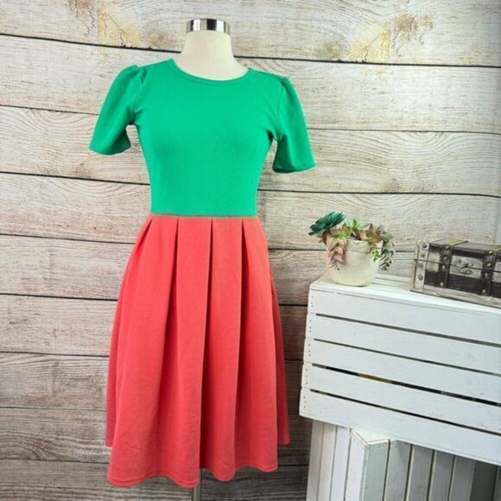 LuLaRoe Amelia Dress Small Green Color Block Pleated Knee Length‎ Women's